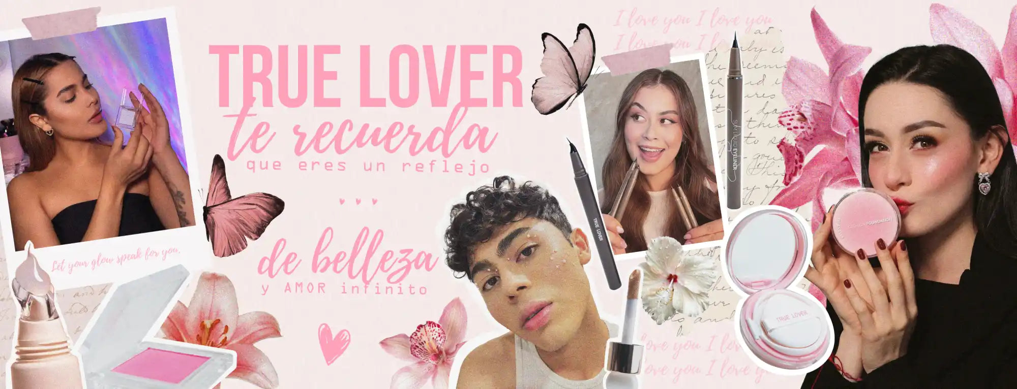 Collage de productos de belleza e influencers.